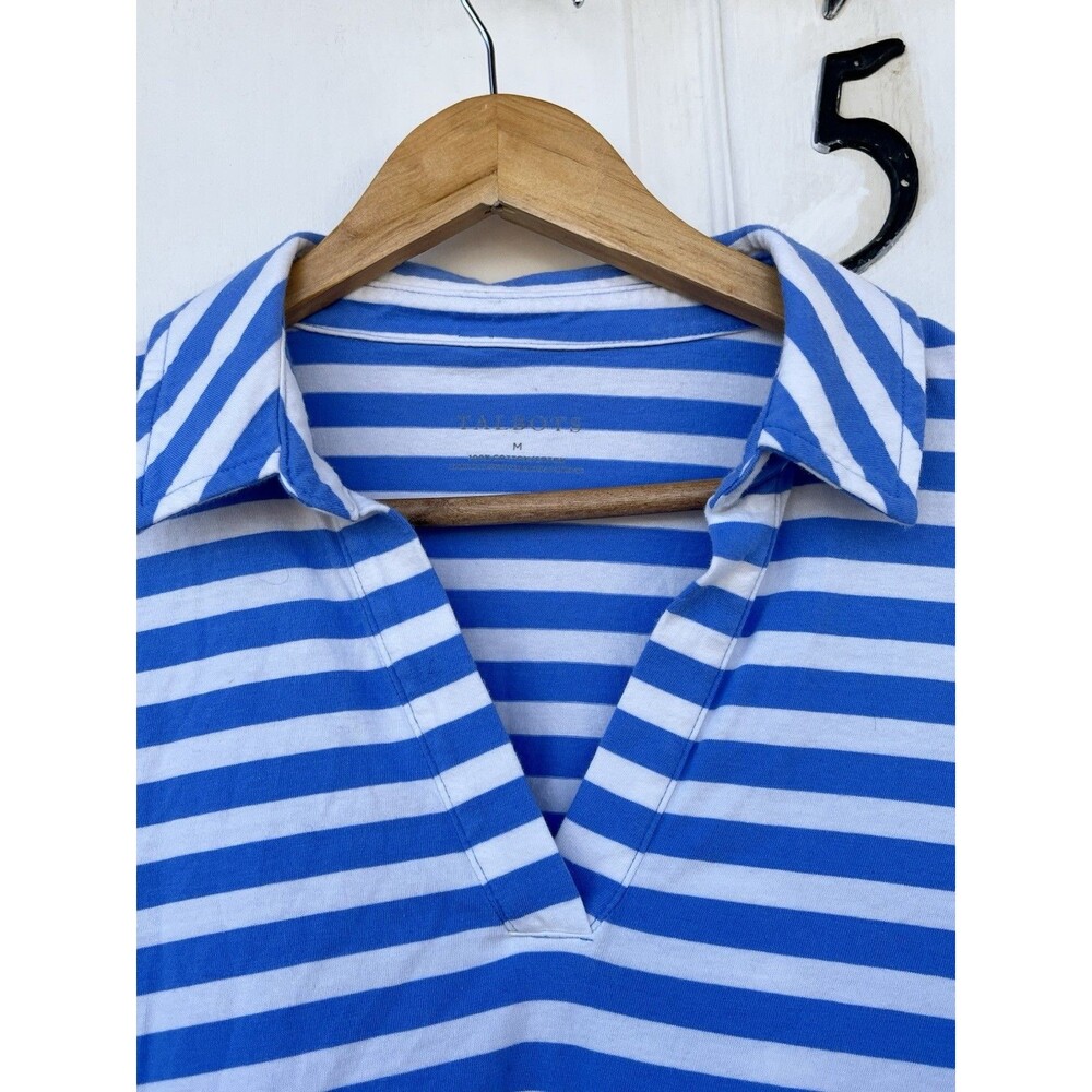 Talbots 100% Cotton Blue White Striped Collared Pullover Long Sleeve Top M - Picture 3 of 12